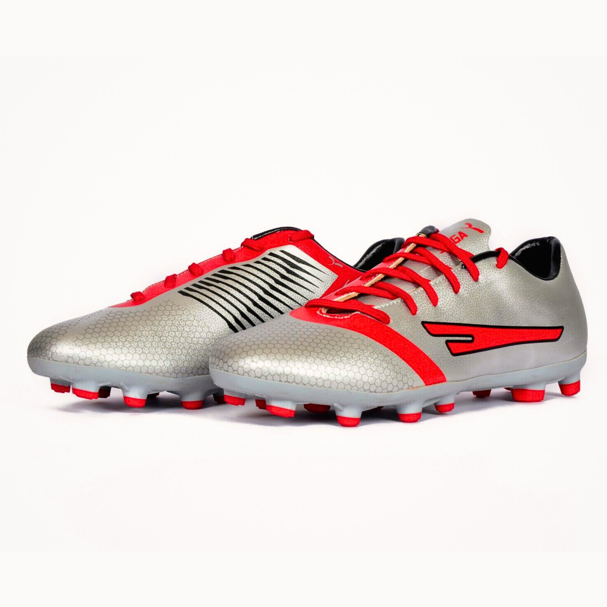 A pair of SEGA PRIME Men's Football Boots with an EVA upper in gray with red and black accents, and a rubber outer sole with moulded studs.