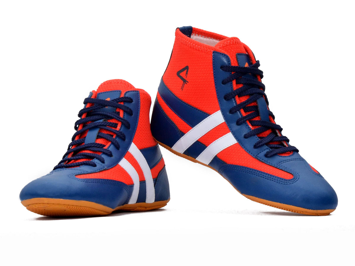 Navy and red SEGA QUIVE Kabaddi high-top wrestling shoes in a studio view