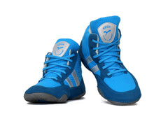 Blue high-top boxing sneaker with white stripes on a white background