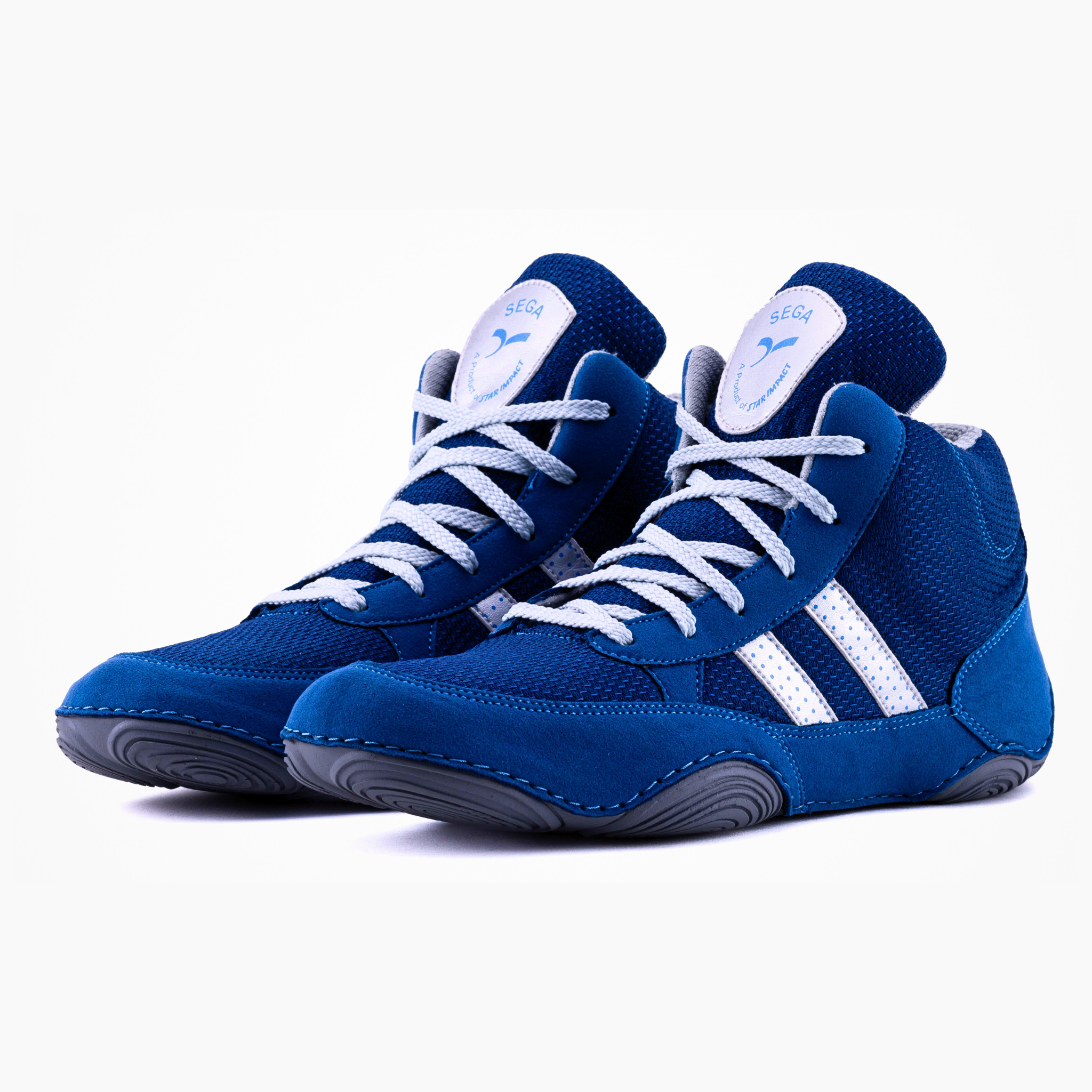 Dark Blue high-top boxing sneaker with white stripes on a white background