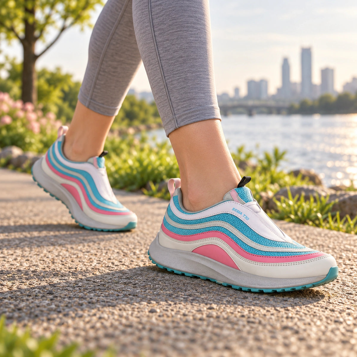 White turquoise and pink SEGA T30 women's running shoes worn on a riverside path