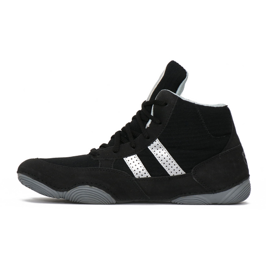 Black high-top boxing sneaker with white stripes on a white background