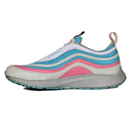 Sneaker with blue, pink, and white design on a white background, Sneaker with blue, pink, and white design on a white background