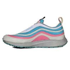Sneaker with blue, pink, and white design on a white background, Sneaker with blue, pink, and white design on a white background