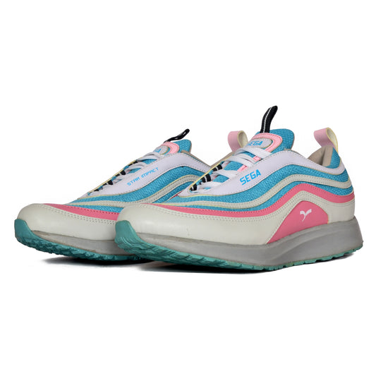 Sneaker with blue, pink, and white design on a white background, Sneaker with blue, pink, and white design on a white background