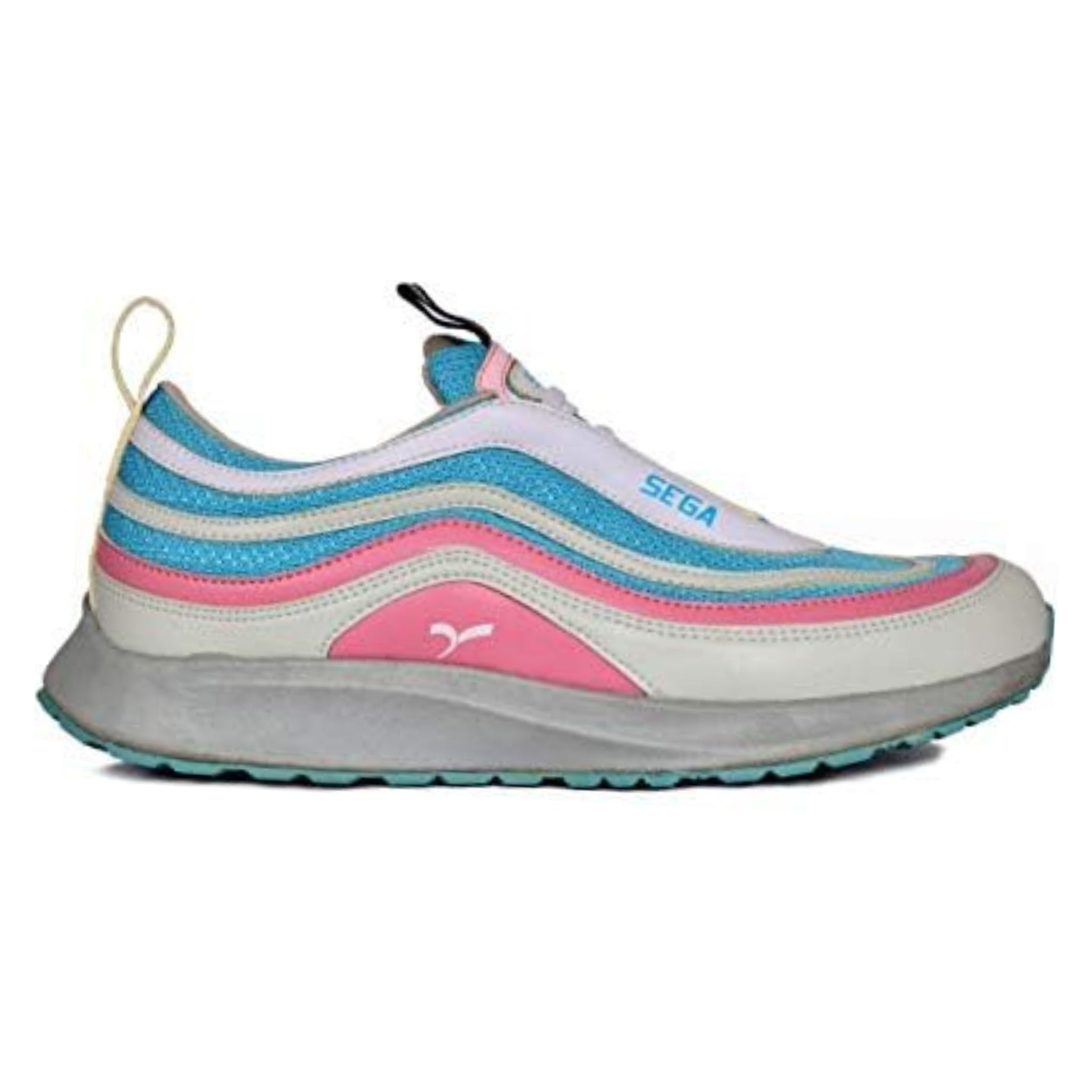 Sneaker with blue, pink, and white design on a white background, Sneaker with blue, pink, and white design on a white background