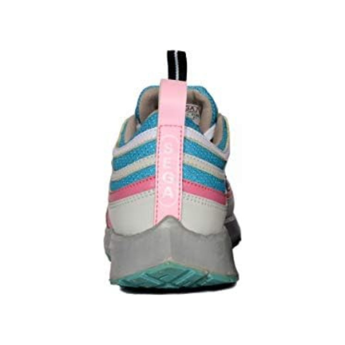 SEGA T30 women's grey, pink and teal trainers, rear heel view