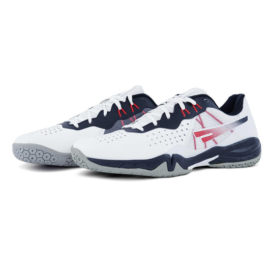 Men's White Badminton Shoes with red accent.