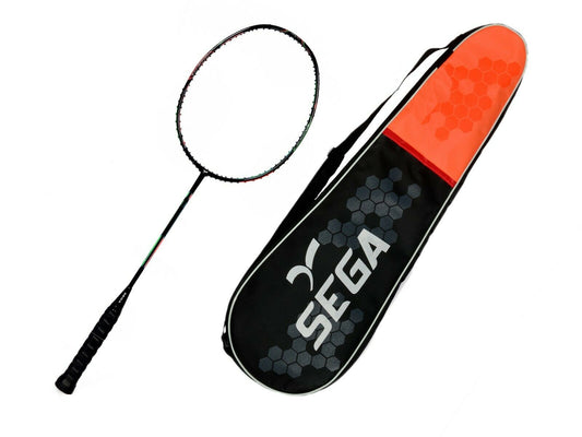 badminton racket, racket for beginners, heavy racket, badminton, tennis, squash, men's badminton racket, women's badminton racket, badminton rackets for men, badminton bag, badminton rackets for women, sega, sports, Full Image of multi coloured metal racket with free badminton bag with SEGA branding, 