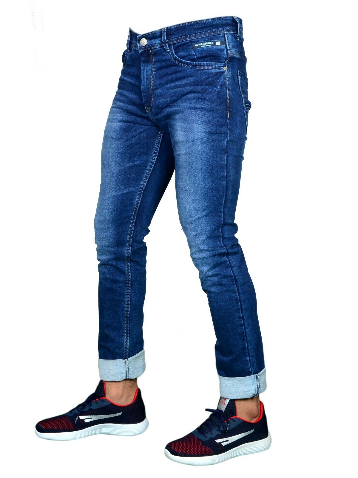 Men's clothing, men's jeans, Italian denim, size 30, 32, 34, 36, 40, men's fashion, reg fit, regular, stretch, skinny fit, image from front facing left, with sega trainers, burk hedges jeans, sega jeans, uk supplier, uk store, birmingham clothes store, clothing based in birmingham,