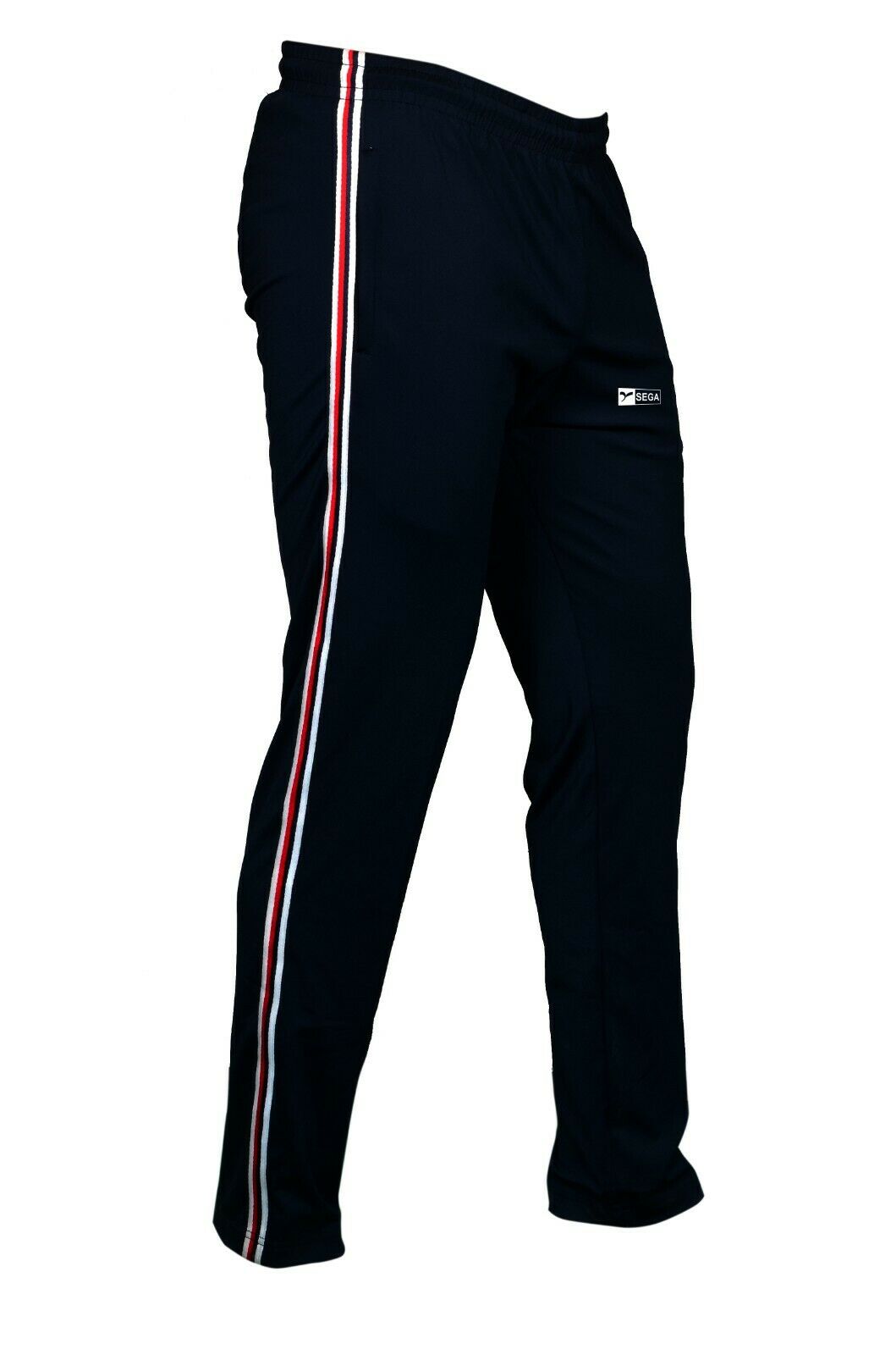 tracksuit bottoms, joggers, men's clothing, fashion, sale, SEGA, black, clothes for men, summer 2020 collection, cheap tracksuit, bottoms, lower, joggers, cotton, fabric, sports, image is front facing right of black and red striped tracksuit bottoms, red, striped, leisurewear