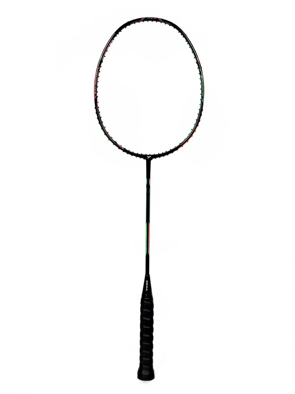 badminton racket, racket for beginners, heavy racket, badminton, tennis, squash, men's badminton racket, women's badminton racket, badminton rackets for men, badminton bag, badminton rackets for women, sega, sports, Full Image of multi coloured metal racket with SEGA branding,