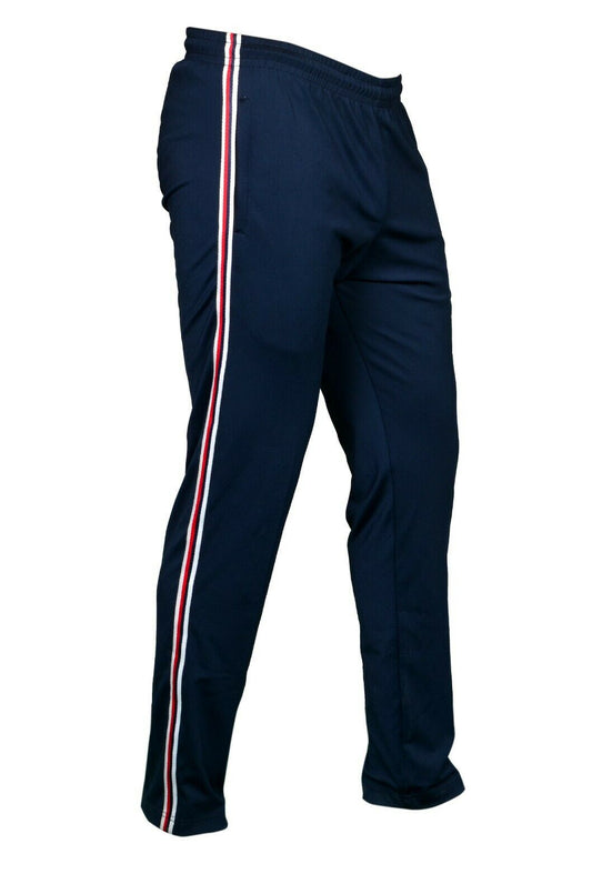 tracksuit bottoms, joggers, men's clothing, fashion, sale, SEGA, blue, clothes for men, summer 2020 collection, cheap tracksuit, bottoms, lower, joggers, cotton, fabric, sports, image is front facing right of blue and red striped tracksuit bottoms, red, striped, leisurewear