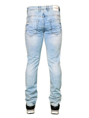 Men's clothing, men's jeans, Italian denim, size 30, 32, 34, 36, 40, men's fashion, reg fit, regular, stretch, skinny fit, image is back facing centre, with sega trainers, burk hedges jeans, sega jeans, uk supplier, uk store, birmingham clothes store, clothing based in birmingham, light blue jeans, faded, distressed, retro,