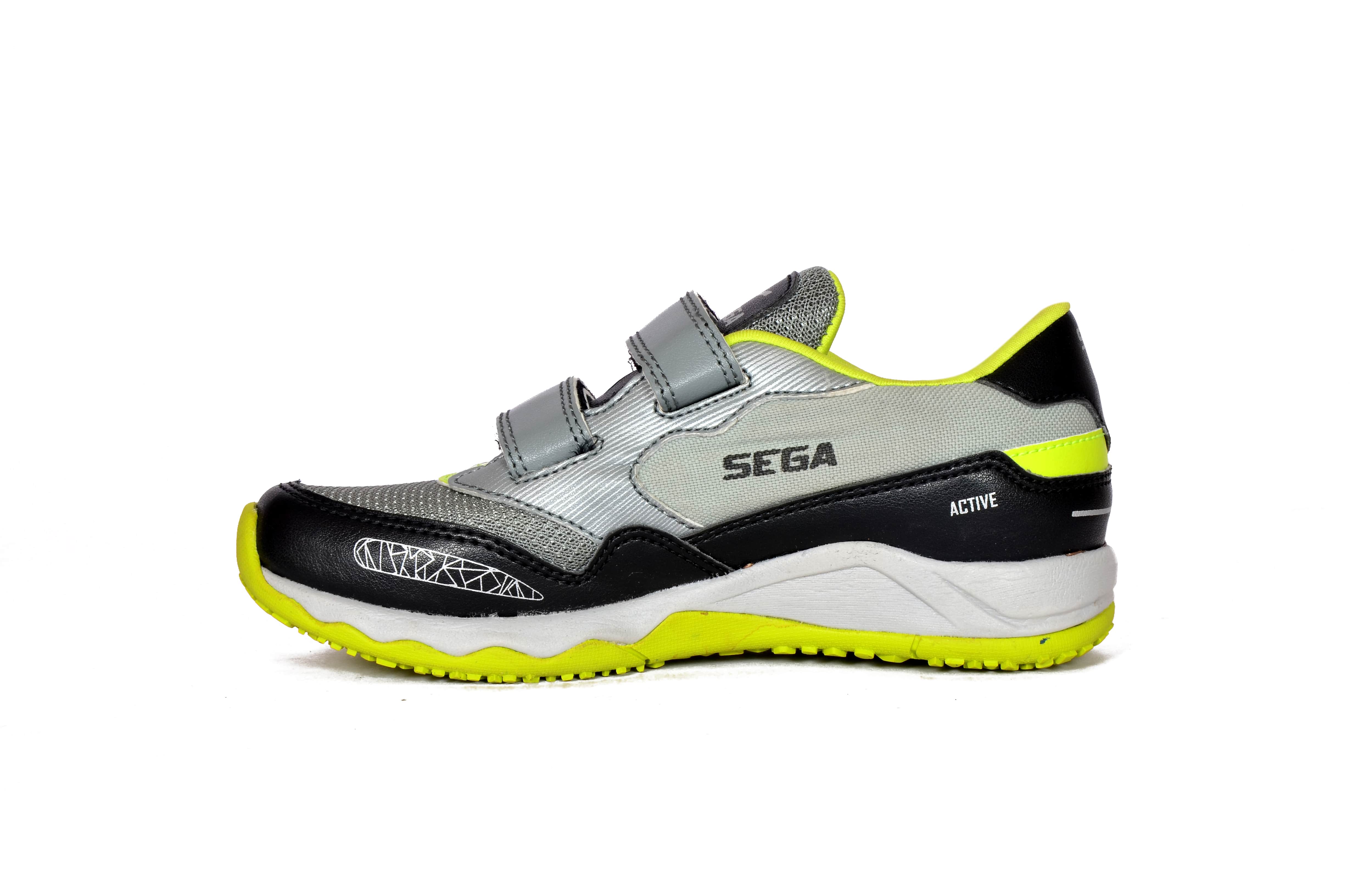 grey, green, black, two toned, kids, children, boys shoes, children's shoes, children's trainers, kids shoes, kids trainers, for kids, for trainers, for kids, multicoloured, multicolored, SEGA SHOES, SEGA SPORTS, SEGA ACTIVE , Image of SEGA Active in its grey & green variation facing left of the camera,