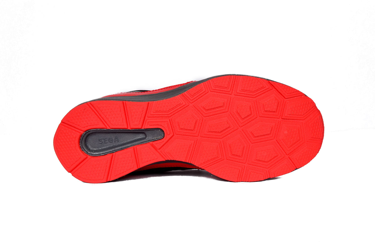 SEGA Active boys' trainers in red and black, left-side and sole view