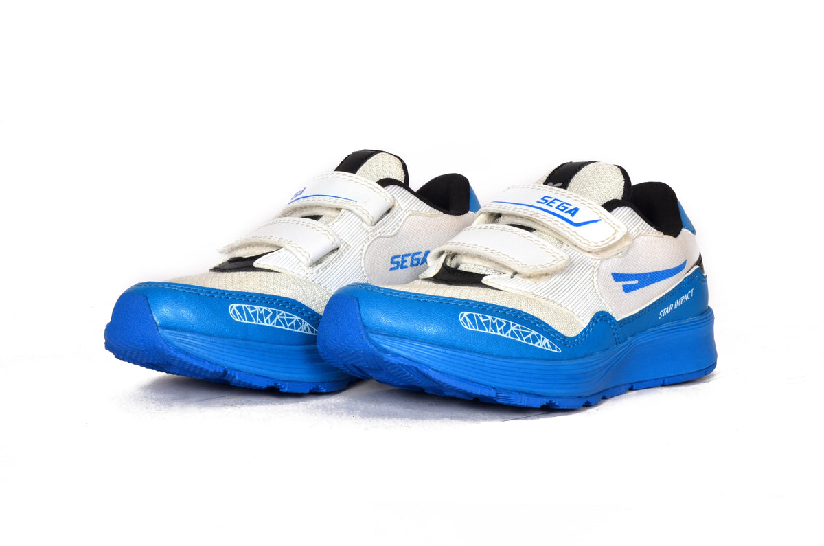 SEGA Active kids' trainers, white and blue pair in a front three-quarter view