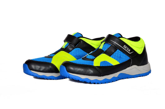 green, blue, black, two toned, kids, children, boys shoes, children's shoes, children's trainers, kids shoes, kids trainers, for kids, for trainers, for kids, multicoloured, multicolored, SEGA SHOES, SEGA SPORTS, SEGA DECO , Image of SEGA Deco in its blue green & black variation facing left of the camera,