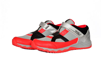 SEGA Deco boys' trainers in red, silver and black, left-side view