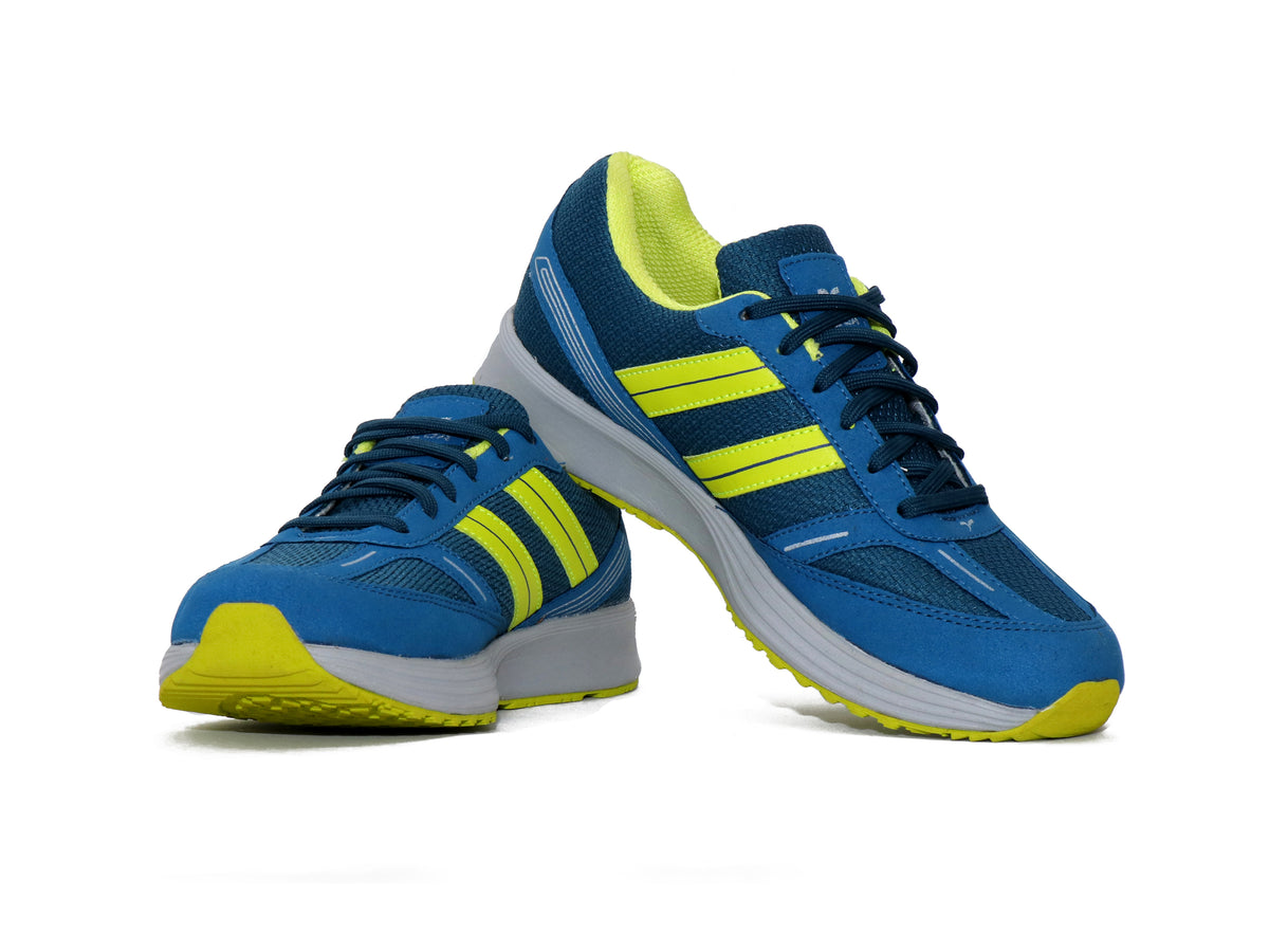 SEGA QUIVE Kids' Marathon trainers, blue and lime pair in a front three-quarter view