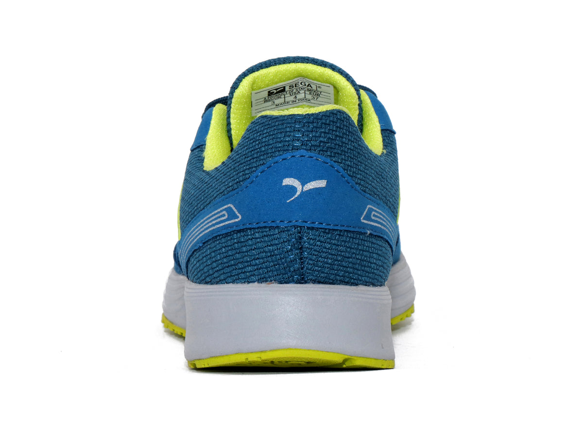SEGA QUIVE Kids' Marathon trainers, blue and lime rear heel view