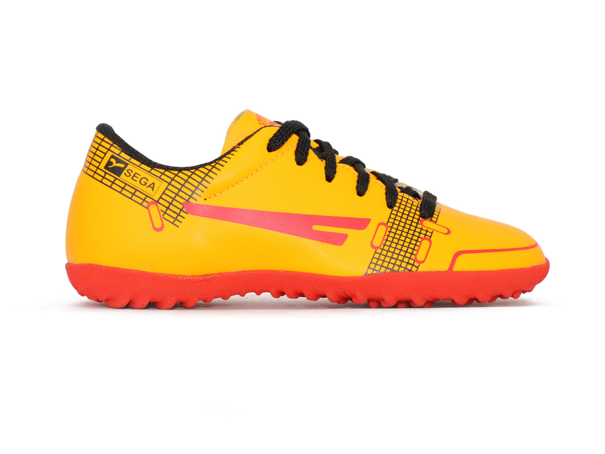 SEGA QUIVE Kids' Spectra football trainers, yellow indoor-shoe opposite side profile