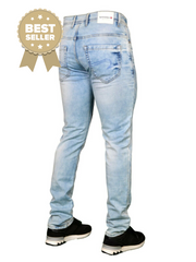 Men's clothing, men's jeans, Italian denim, size 30, 32, 34, 36, 40, men's fashion, reg fit, regular, stretch, skinny fit, image from back, with sega trainers, burk hedges jeans, sega jeans, uk supplier, uk store, birmingham clothes store, clothing based in birmingham, light blue jeans, faded, distressed, retro, 