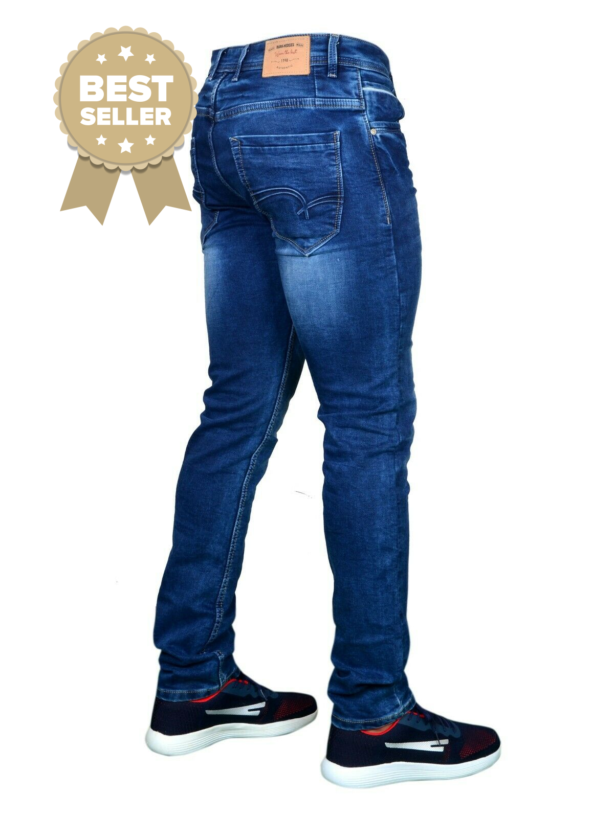 Men's clothing, men's jeans, Italian denim, size 30, 32, 34, 36, 40, men's fashion, reg fit, regular, stretch, skinny fit, image from back facing right, with sega trainers, burk hedges jeans, sega jeans, uk supplier, uk store, birmingham clothes store, clothing based in birmingham,